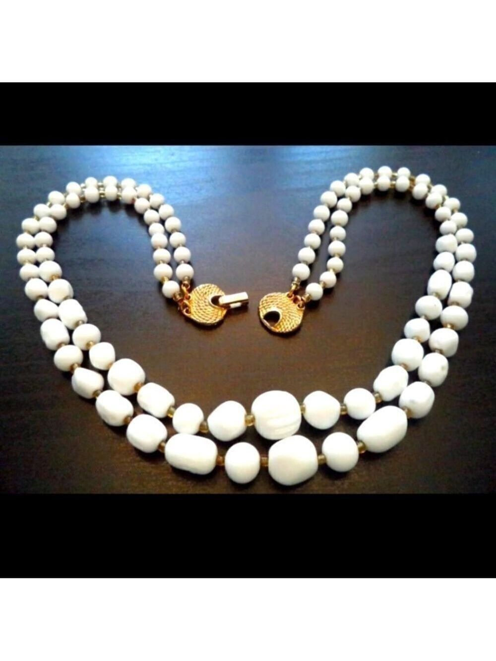 CROWN TRIFARI MILK GLASS DBL STRAND 19" NECKLACE VINTAGE "RARE"